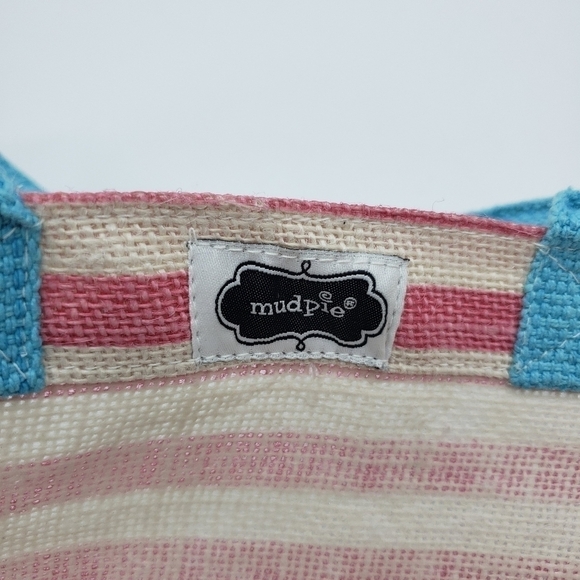 MUD Pie unisex mermaid tote bag pink stripe sequin woven fiber aqua handles - Picture 2 of 10